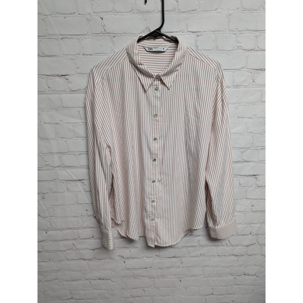Zara Oversized Button Up Long Sleeve Striped Pink White Womens XL NWOT 299